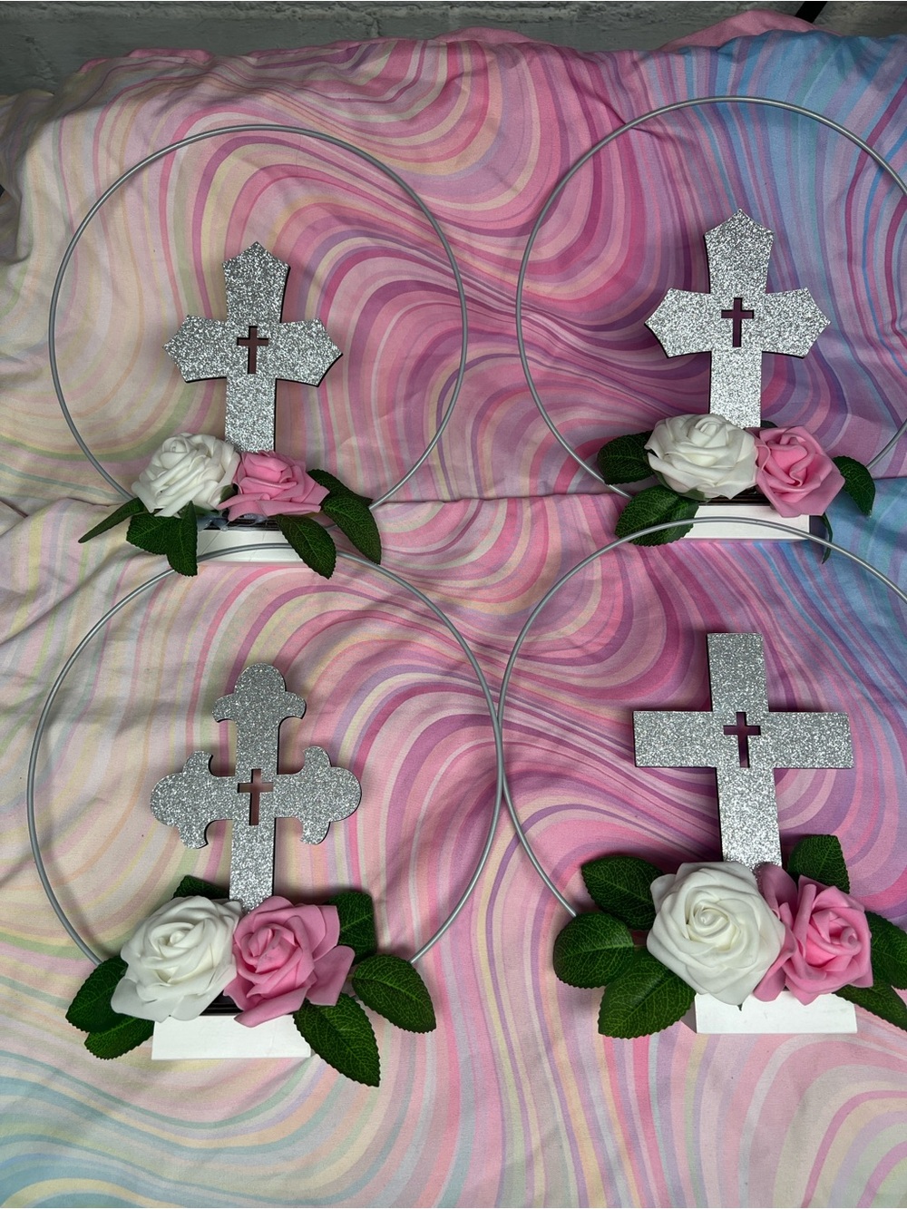 Glitter Cross Hoop Decor with White & Pink Roses